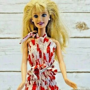 MATTEL BARBIE Doll Blonde Hair Blue Eyes Red White Dress 12" Tall Used